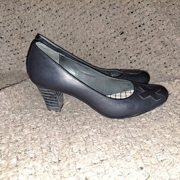 CAMPER TWINS-X & O-Black Leather-Blue/Grey Stripe Heels-Size 41-Excellent - Picture 5 of 8